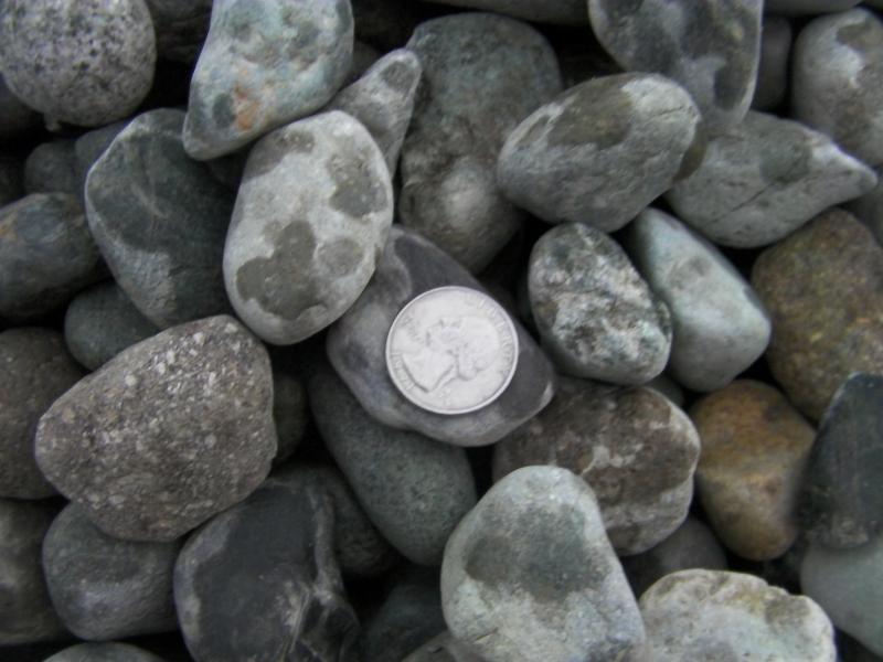 1 1/2 inch washed round drain rock.  Quarter used to help show approx size.